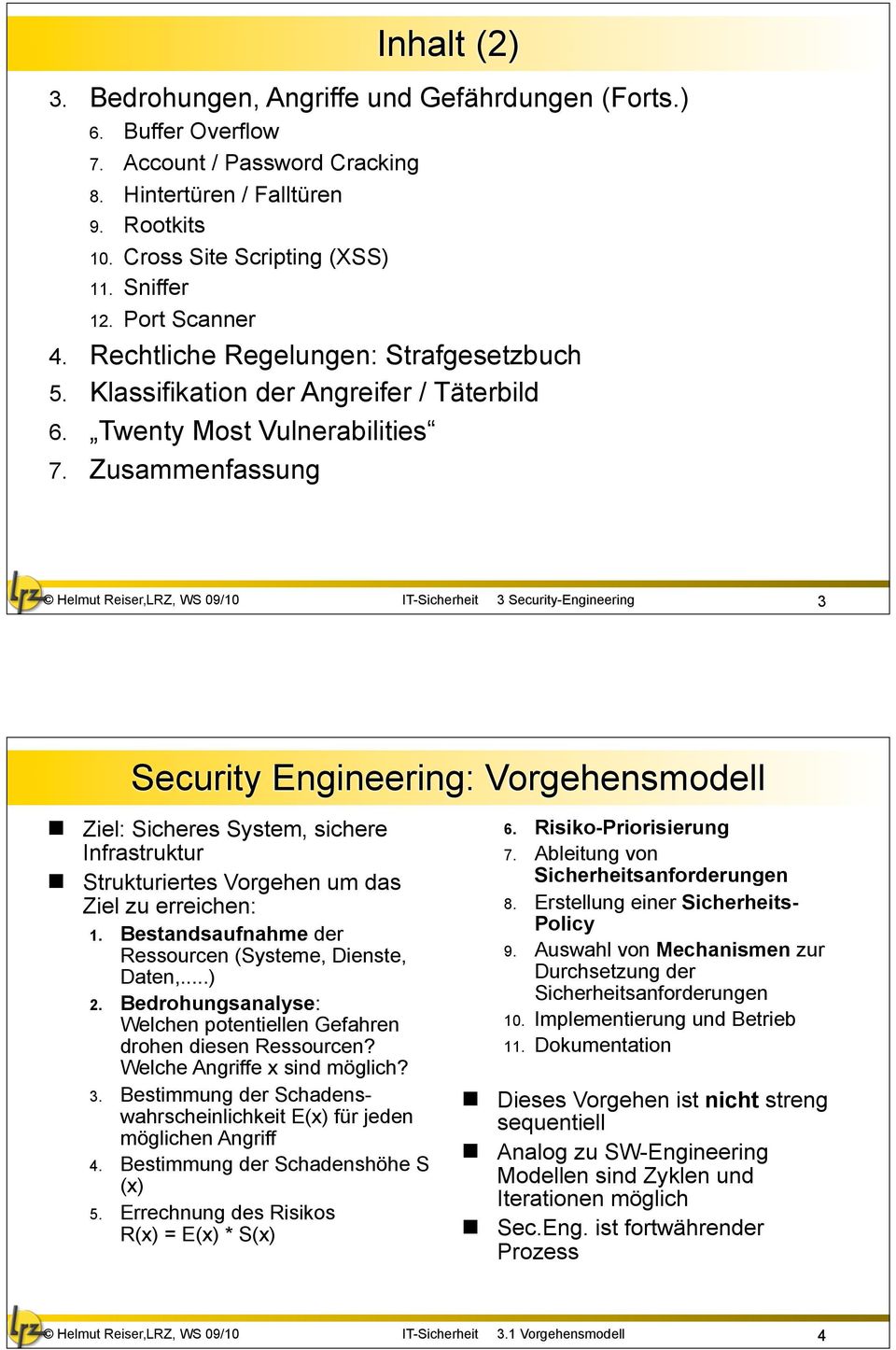 Zusammenfassung 3 Security-Engineering 3 Security Engineering: Vorgehensmodell Ziel: Sicheres System, sichere Infrastruktur Strukturiertes Vorgehen um das Ziel zu erreichen: 1.