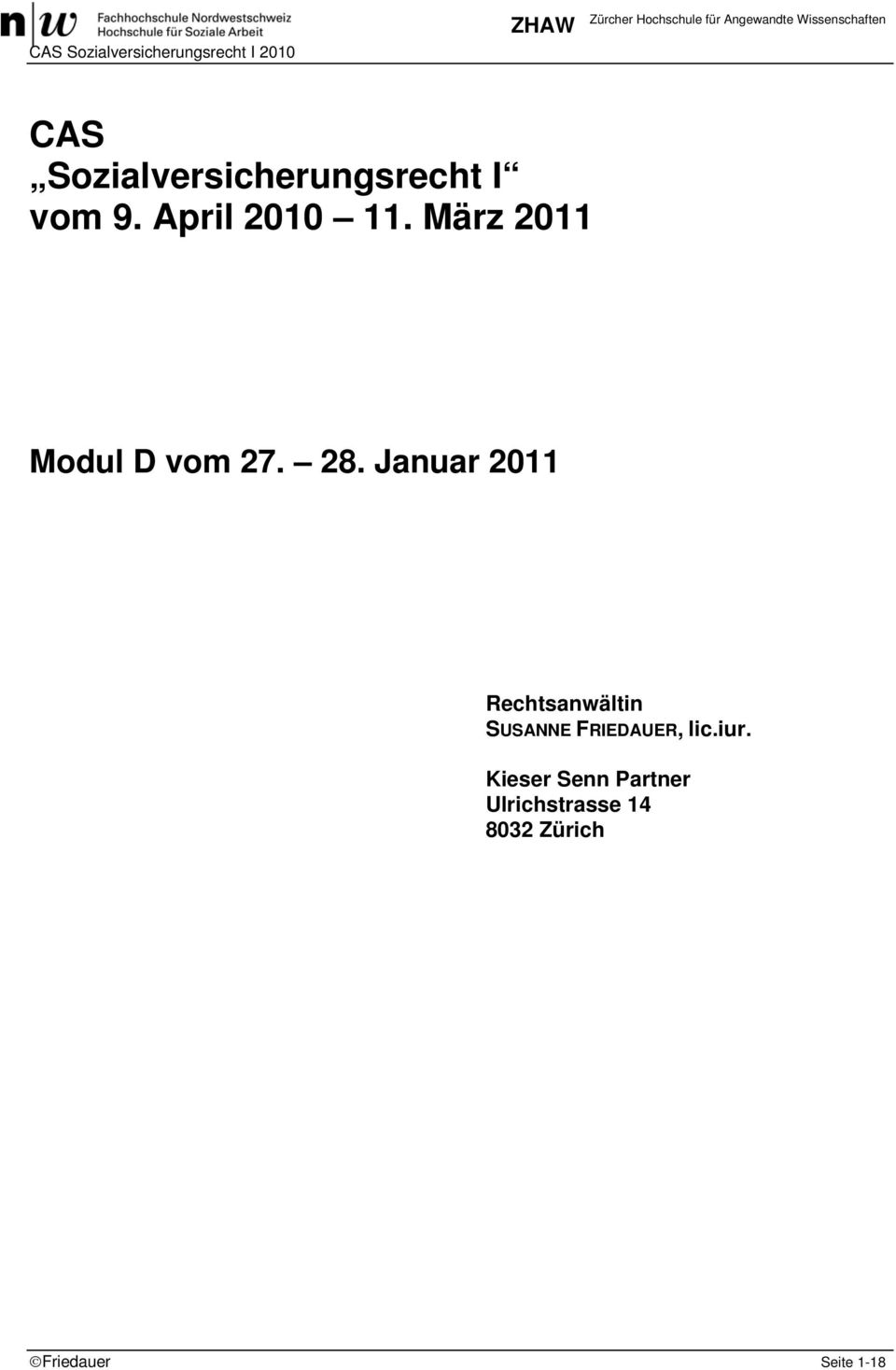 Januar 2011 Rechtsanwältin SUSANNE FRIEDAUER, lic.