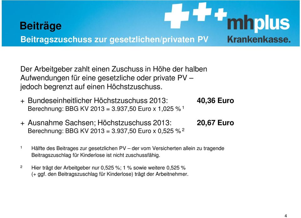 937,50 Euro x 1,025 % 1 + Ausnahme Sachsen; Höchstzuschuss 2013: 20,67 Euro Berechnung: BBG KV 2013 = 3.