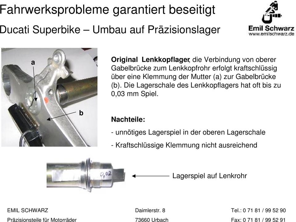 Die Lagerschale des Lenkkopflagers hat oft bis zu 0,03 mm Spiel.