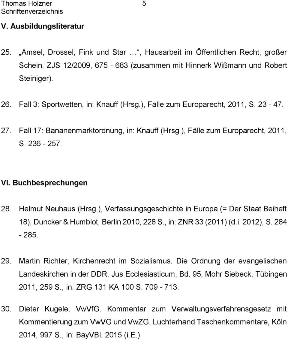 Buchbesprechungen 28. Helmut Neuhaus (Hrsg.), Verfassungsgeschichte in Europa (= Der Staat Beiheft 18), Duncker & Humblot, Berlin 2010, 228 S., in: ZNR 33 (2011) (d.i. 2012), S. 284-285. 29.