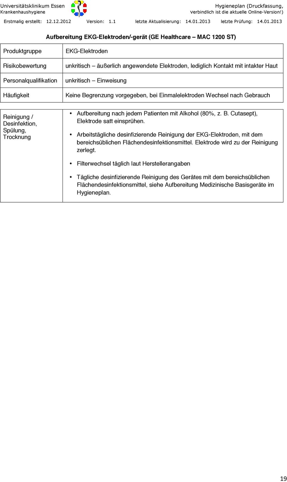 lediglich Kontakt mit intakter Haut unkritisch Einweisung Keine Begrenzung vorgegeben, bei Einmalelektroden Wechsel nach Gebrauch Reinigung / Desinfektion, Spülung, Trocknung Aufbereitung nach jedem