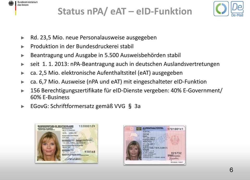 500 Ausweisbehörden stabil seit 1. 1. 2013: npa-beantragung auch in deutschen Auslandsvertretungen ca. 2,5 Mio.