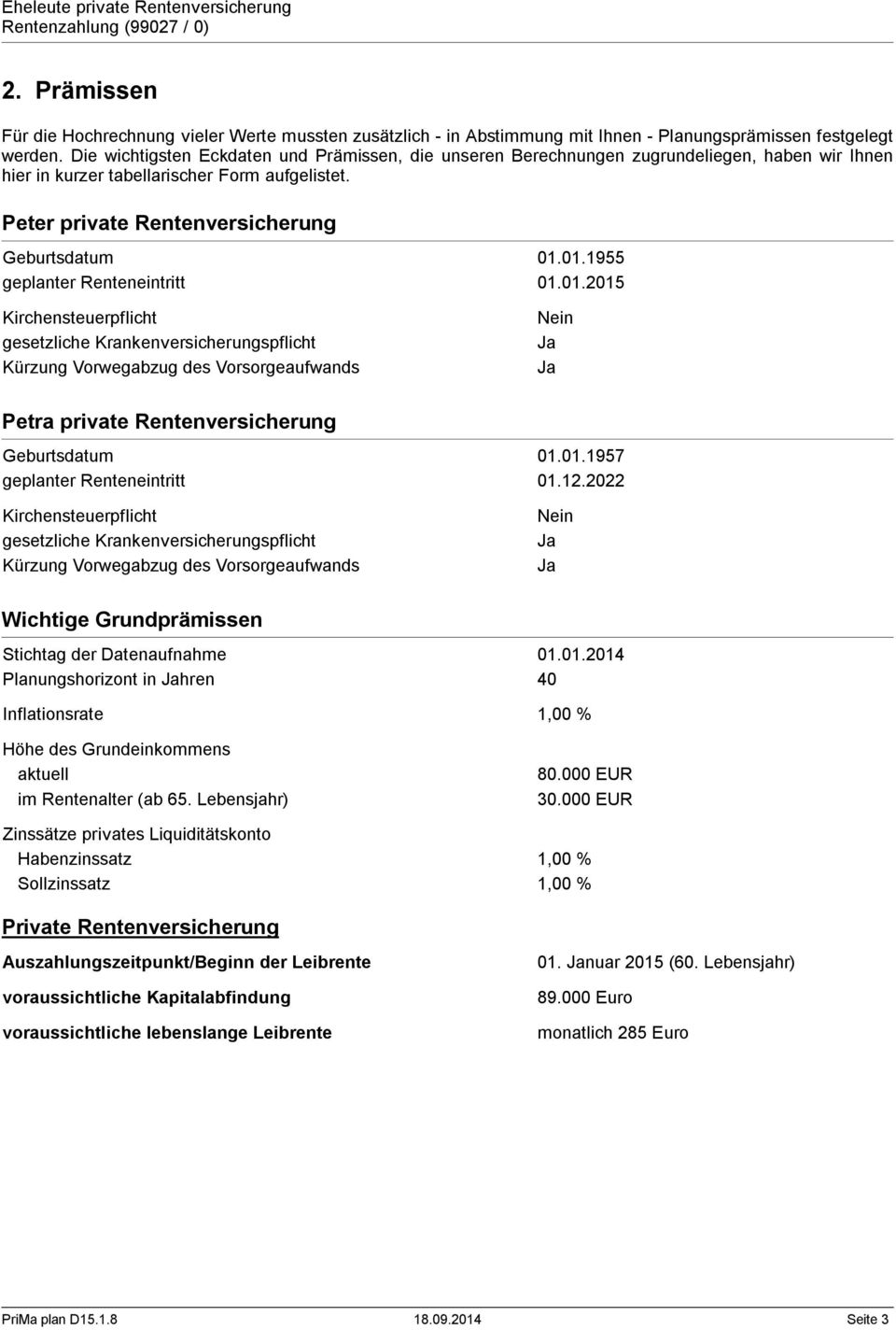 01.1955 geplanter Renteneintritt 01.01.2015 Kirchensteuerpflicht gesetzliche Krankenversicherungspflicht Kürzung Vorwegabzug des Vorsorgeaufwands Nein Ja Ja Petra private Rentenversicherung Geburtsdatum 01.