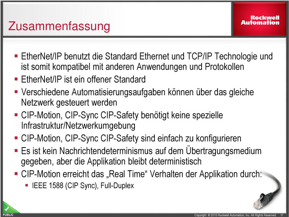 spezielle Infrastruktur/Netzwerkumgebung CIP-Motion, CIP-Sync CIP-Safety sind einfach zu konfigurieren Es ist kein Nachrichtendeterminismus auf dem