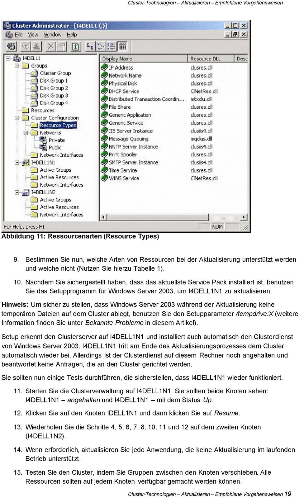 Hinweis: Um sicher zu stellen, dass Windows Server 2003 während der Aktualisierung keine temporären Dateien auf dem Cluster ablegt, benutzen Sie den Setupparameter /tempdrive:x (weitere Information