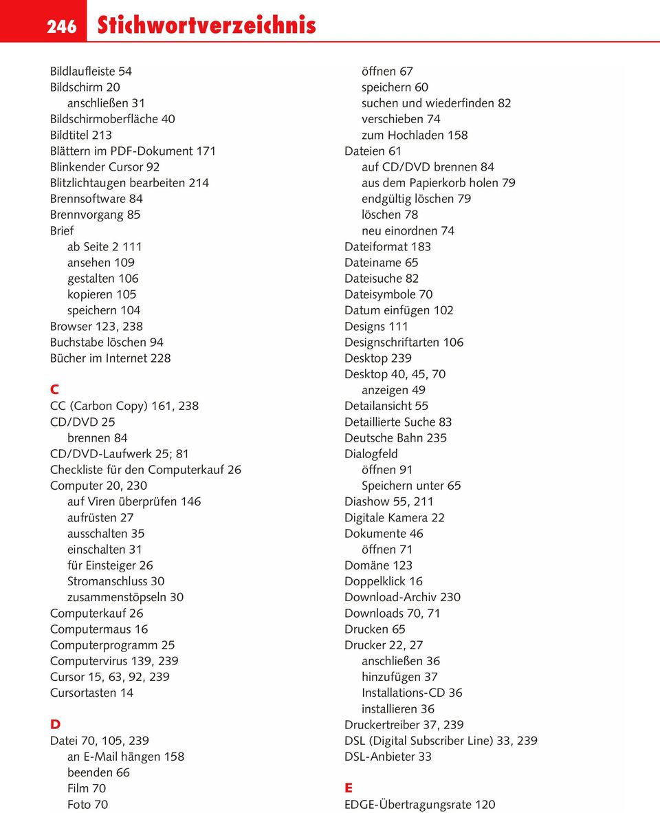 CD/DVD 25 brennen 84 CD/DVD-Laufwerk 25; 81 Checkliste für den Computerkauf 26 Computer 20, 230 auf Viren überprüfen 146 aufrüsten 27 ausschalten 35 einschalten 31 für Einsteiger 26 Stromanschluss 30