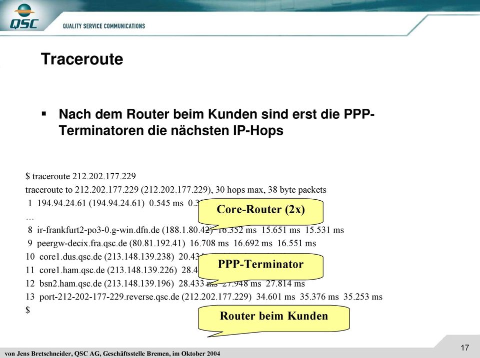 41) 16.708 ms 16.692 ms 16.551 ms 10 core1.dus.qsc.de (213.148.139.238) 20.434 ms 20.473 ms 20.407 ms PPP-Terminator 11 core1.ham.qsc.de (213.148.139.226) 28.430 ms 28.467 ms 28.