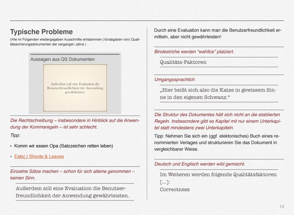 Aussagen aus QS Dokumenten Qualitäts-Faktoren Umgangssprachlich Hier beißt sich also die Katze in gewissem Sinne in den eigenen Schwanz.