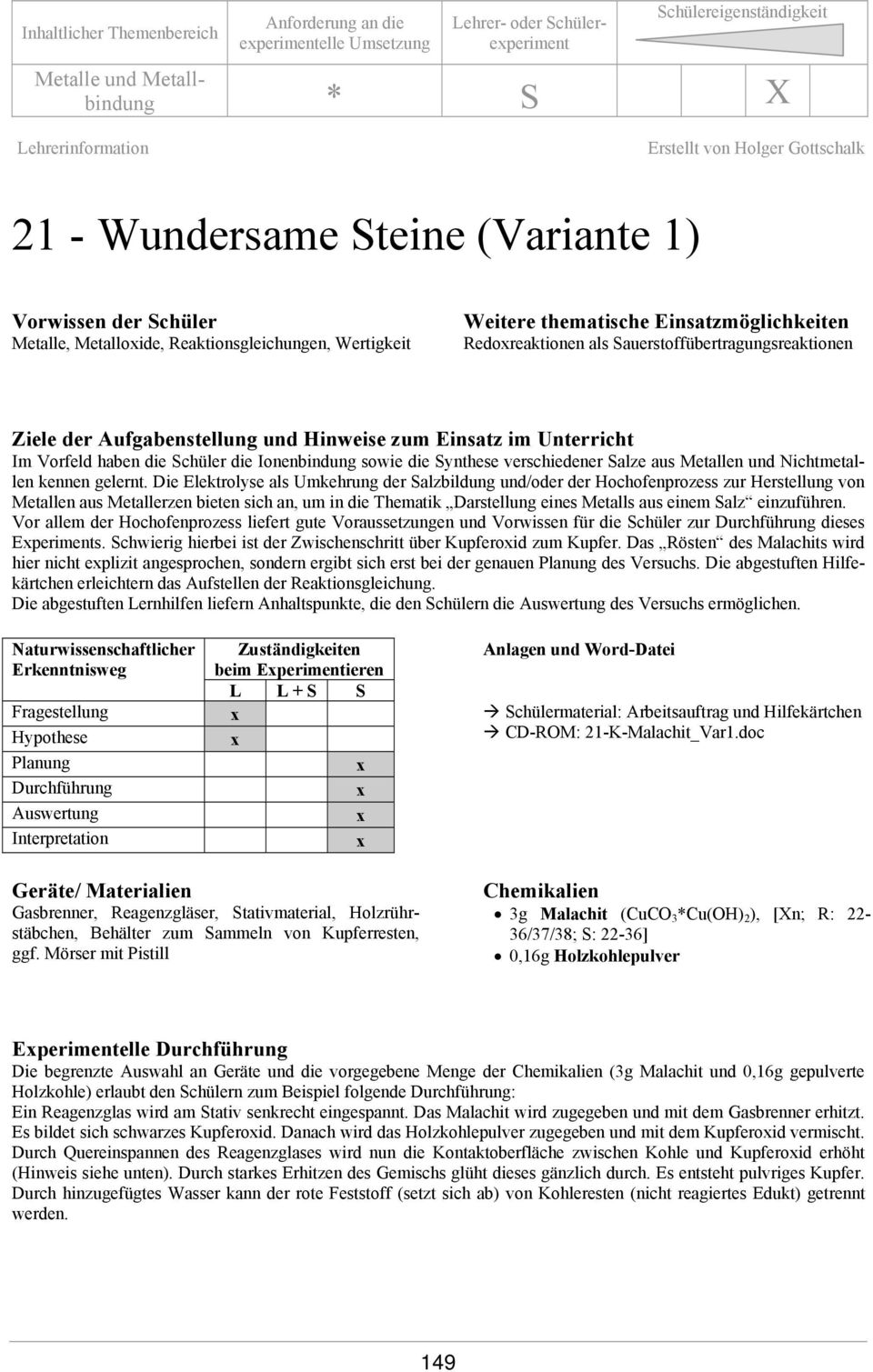 Sauerstoffübertragungsreaktionen Ziele der Aufgabenstellung und Hinweise zum Einsatz im Unterricht Im Vorfeld haben die Schüler die Ionenbindung sowie die Synthese verschiedener Salze aus Metallen