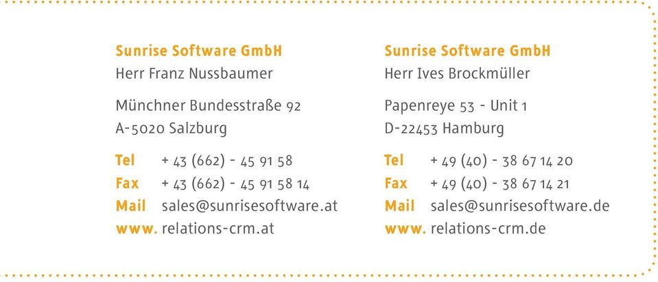 at Sunrise Software GmbH Herr Ives Brockmüller Papenreye 53 - Unit 1 D-22453 Hamburg Tel + 49