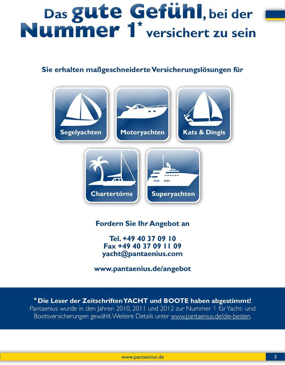 +49 40 37 09 10 Fax +49 40 37 09 11 09 yacht@pantaenius.com www.pantaenius.de/angebot * Die Leser der Zeitschriften YACHT und BOOTE haben abgestimmt!