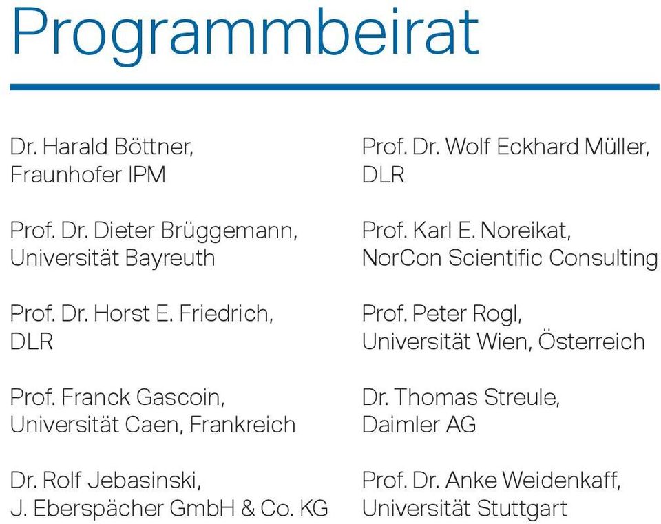 KG Prof. Dr. Wolf Eckhard Müller, DLR Prof. Karl E. Noreikat, NorCon Scientific Consulting Prof.