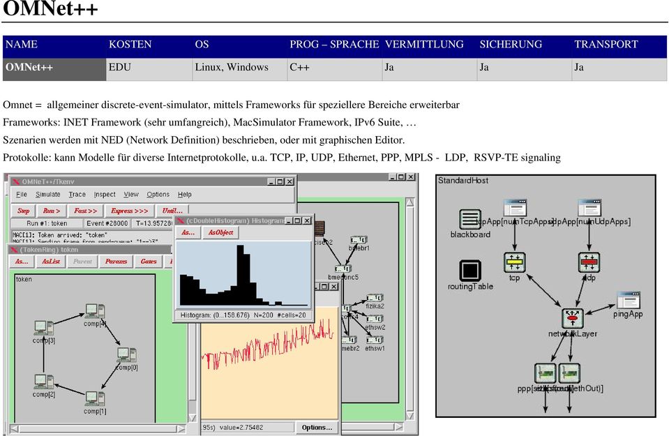 Framework, IPv6 Suite, Szenarien werden mit NED (Network Definition) beschrieben, oder mit graphischen Editor.