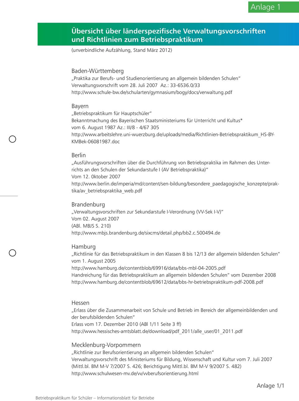 pdf Bayern Betriebspraktikum für Hauptschüler Bekanntmachung des Bayerischen Staatsministeriums für Unterricht und Kultus* vom 6. August 1987 Az.: III/8-4/67 305 http://www.arbeitslehre.uni-wuerzburg.