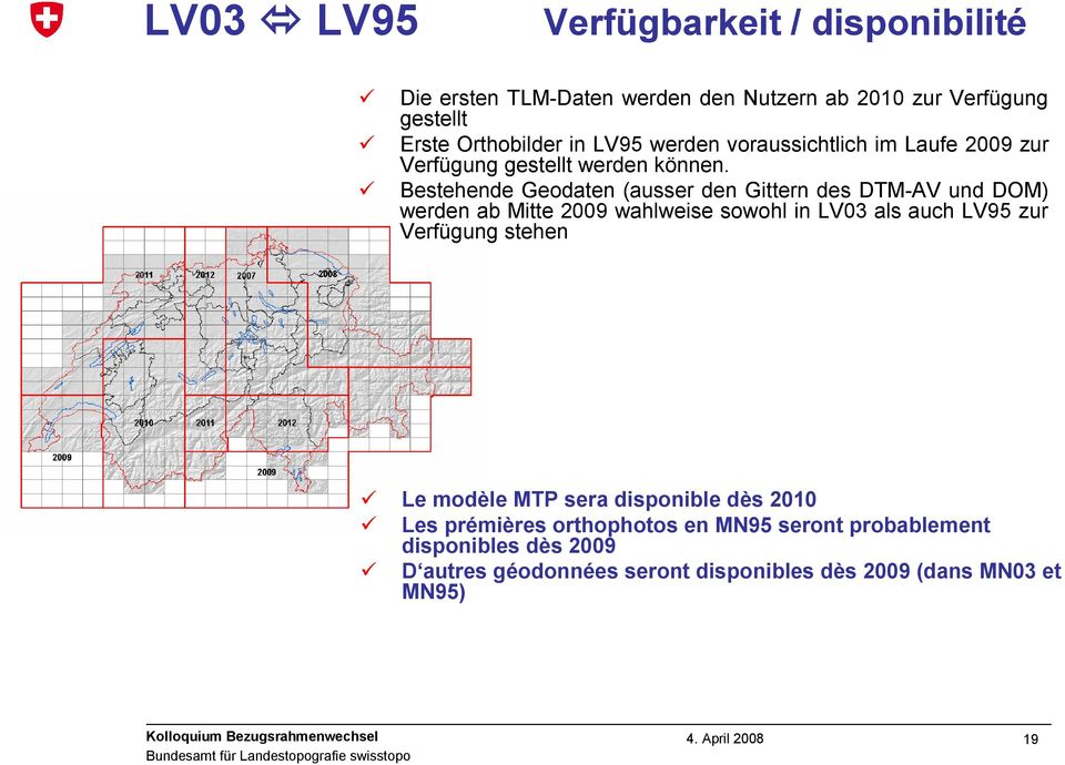 Bestehende Geodaten (ausser den Gittern des DTMAV und DOM) werden ab Mitte 2009 wahlweise sowohl in LV03 als auch LV95 zur