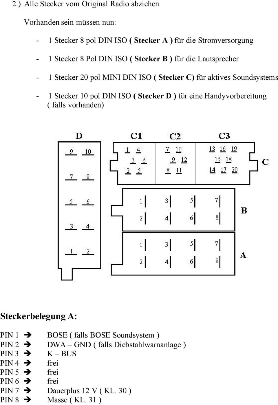 Stecker 10 pol DIN ISO ( Stecker D ) für eine Handyvorbereitung ( falls vorhanden) Steckerbelegung A: PIN 1 BOSE ( falls BOSE Soundsystem