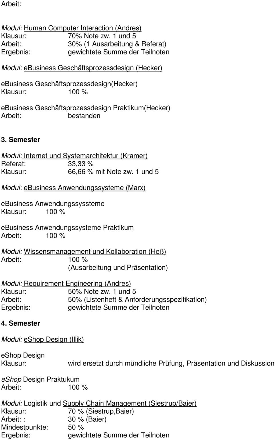 Semester Modul: Internet und Systemarchitektur (Kramer) Referat: 33,33 % 66,66 % mit Note zw.