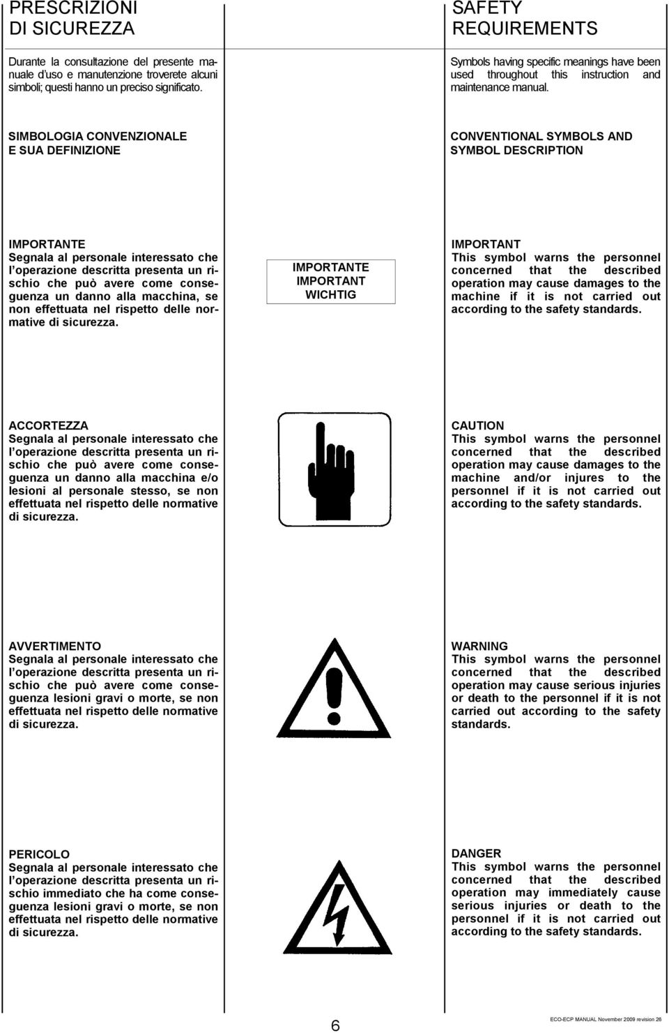 SIMBOLOGIA CONVENZIONALE E SUA DEFINIZIONE CONVENTIONAL SYMBOLS AND SYMBOL DESCRIPTION IMPORTANTE Segnala al personale interessato che l operazione descritta presenta un rischio che può avere come