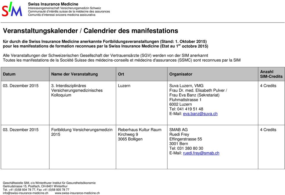 Oktober 2015) pour les manifestations de formation reconnues par la (Etat au 1 er octobre 2015) Alle Veranstaltungen der Schweizerischen Gesellschaft der Vertrauensärzte (SGV) werden von der SIM