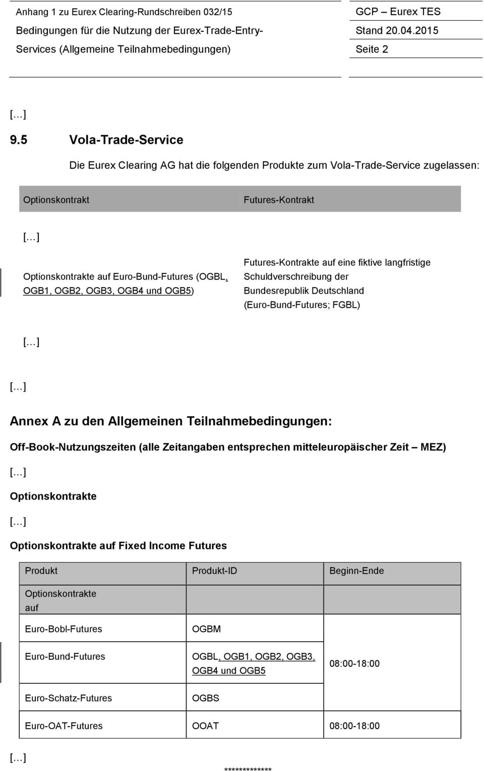 OGB3, OGB4 und OGB5) Futures-Kontrakte auf eine fiktive langfristige Schuldverschreibung der Bundesrepublik Deutschland (Euro-Bund-Futures; FGBL) Annex A zu den Allgemeinen Teilnahmebedingungen: