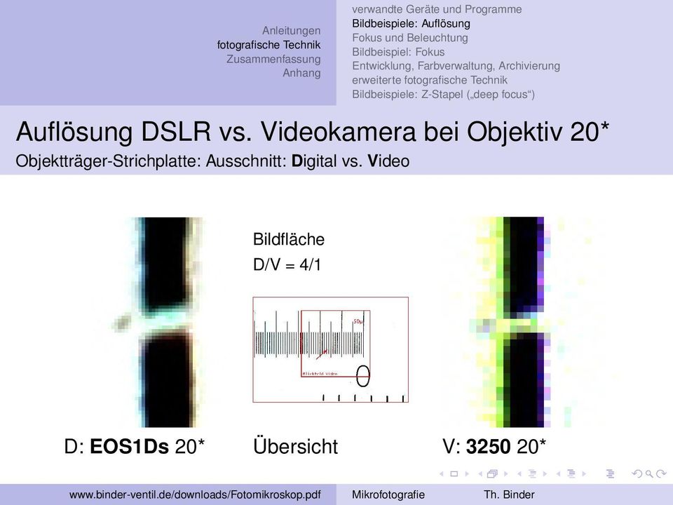 Videokamera bei Objektiv 20* Objektträger-Strichplatte: Ausschnitt: Digital vs.