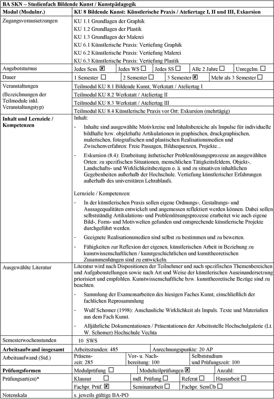 1 Bildende Kunst, Werkstatt / Ateliertag I Teilmodul KU 8.2 Werkstatt / Ateliertag II Teilmodul KU 8.3 Werkstatt / Ateliertag III Teilmodul KU 8.