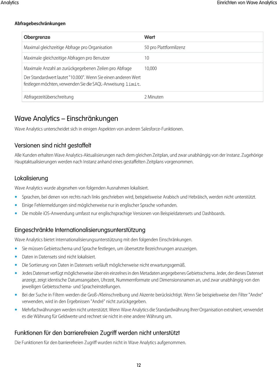 Abfragezeitüberschreitung Wert 50 pro Plattformlizenz 10 10,000 2 Minuten Wave Analytics Einschränkungen Wave Analytics unterscheidet sich in einigen Aspekten von anderen Salesforce-Funktionen.