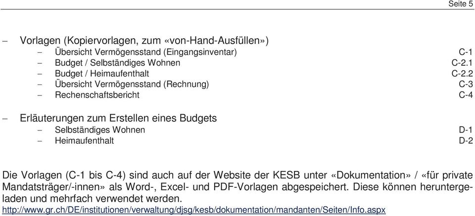 2 Übersicht Vermögensstand (Rechnung) C3 Rechenschaftsbericht C4 Erläuterungen zum Erstellen eines Budgets Selbständiges Wohnen D1 Heimaufenthalt D2 Die