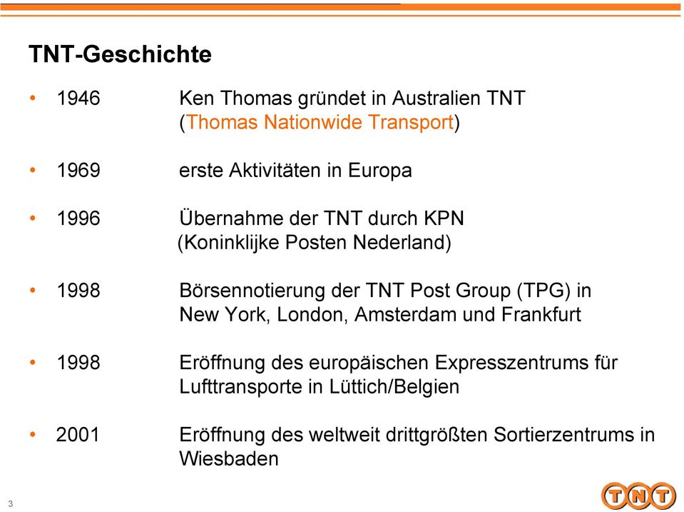der TNT Post Group (TPG) in New York, London, Amsterdam und Frankfurt 1998 Eröffnung des europäischen