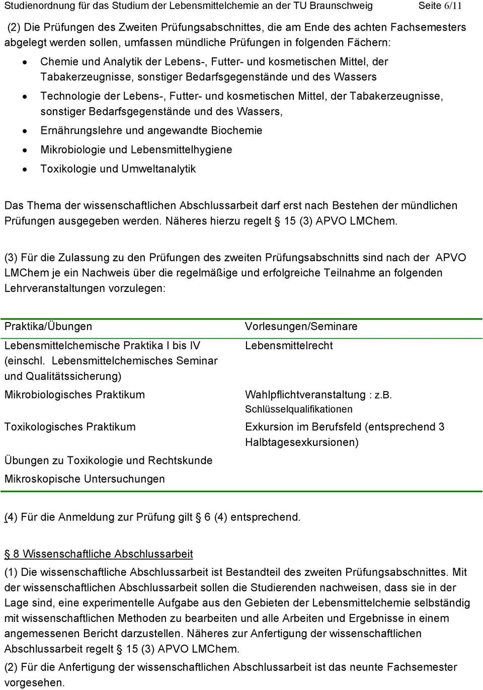 Lebens-, Futter- und kosmetischen Mittel, der Tabakerzeugnisse, sonstiger Bedarfsgegenstände und des Wassers, Ernährungslehre und angewandte Biochemie Mikrobiologie und Lebensmittelhygiene