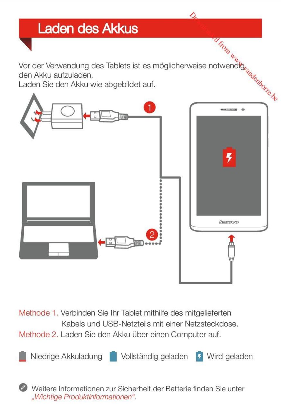 Verbinn Sie Ihr Tablet mithilfe s mitgelieferten Kabels und USB-Netzteils mit einer Netzsteckdose. Metho 2.