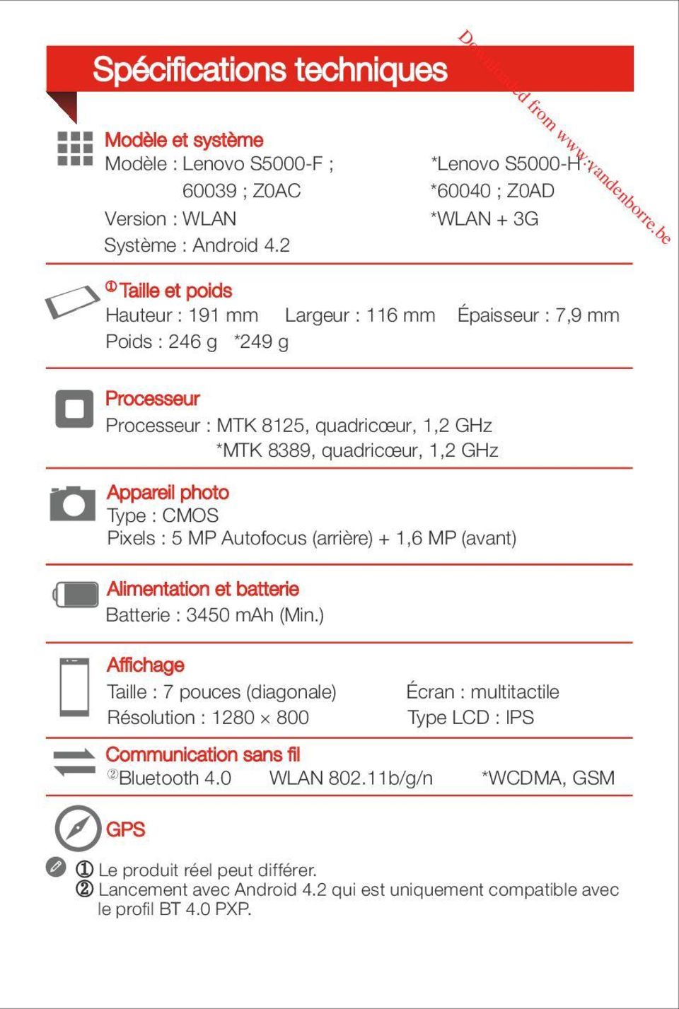 Type : CMOS Pixels : 5 MP Autofocus (arrière) + 1,6 MP (avant) Alimentation et batterie Batterie : 3450 mah (Min.