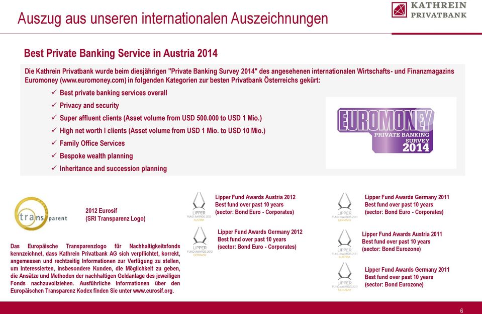 com) in folgenden Kategorien zur besten Privatbank Österreichs gekürt: Best private banking services overall Privacy and security Super affluent clients (Asset volume from USD 500.000 to USD 1 Mio.