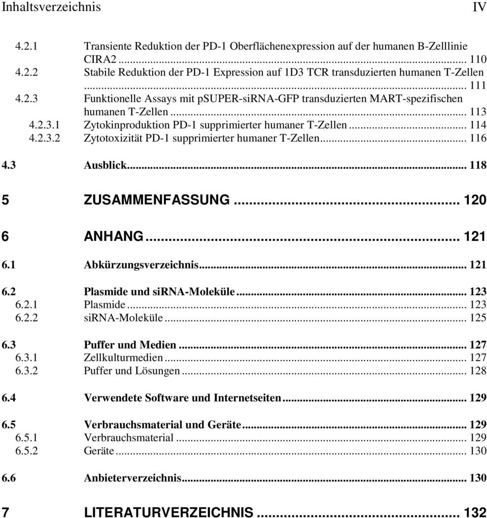 .. 116 4.3 Ausblick... 118 5 ZUSAMMENFASSUNG... 120 6 ANHANG... 121 6.1 Abkürzungsverzeichnis... 121 6.2 Plasmide und sirna-moleküle... 123 6.2.1 Plasmide... 123 6.2.2 sirna-moleküle... 125 6.