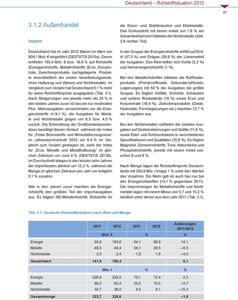 Nichtmetalle). Im Vergleich zum Vorjahr hat Deutschland 6,1 % mehr für seine Rohstoffi mporte ausgegeben (Tab. 3.1).