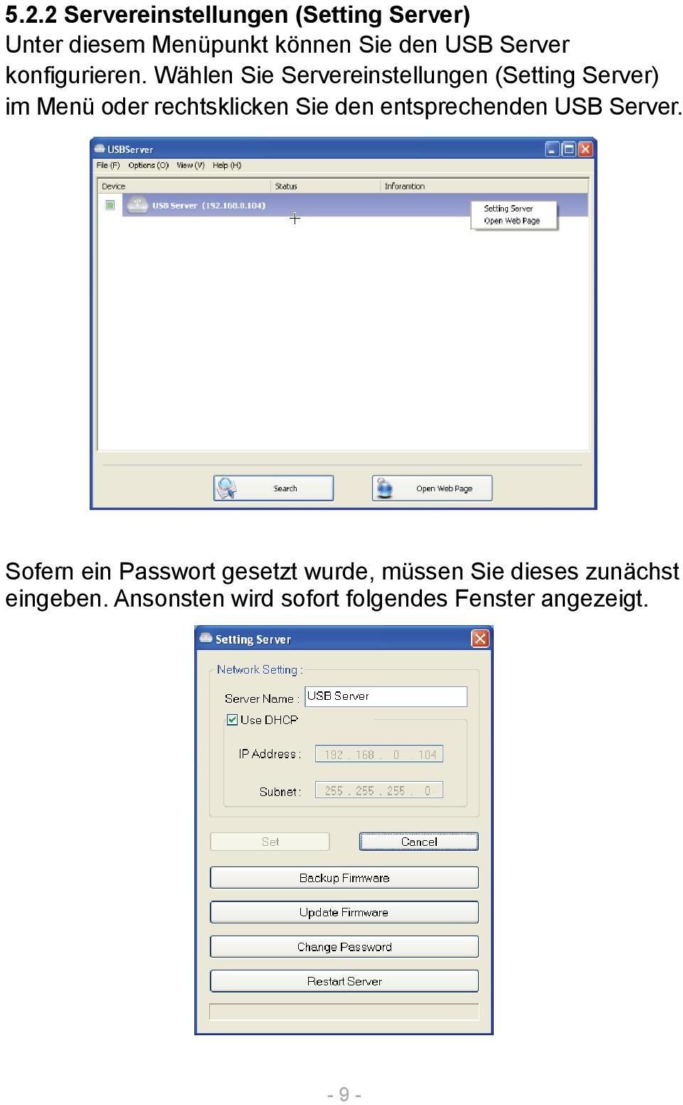 Wählen Sie Servereinstellungen (Setting Server) im Menü oder rechtsklicken Sie den