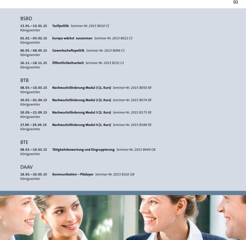 15 Nachwuchsförderung Modul 2 (2. Kurs) Seminar-Nr. 2015 B074 EB 20. 09. 22. 09. 15 Nachwuchsförderung Modul 3 (2. Kurs) Seminar-Nr. 2015 B175 EB 27. 09. 29. 09. 15 Nachwuchsförderung Modul 4 (1.