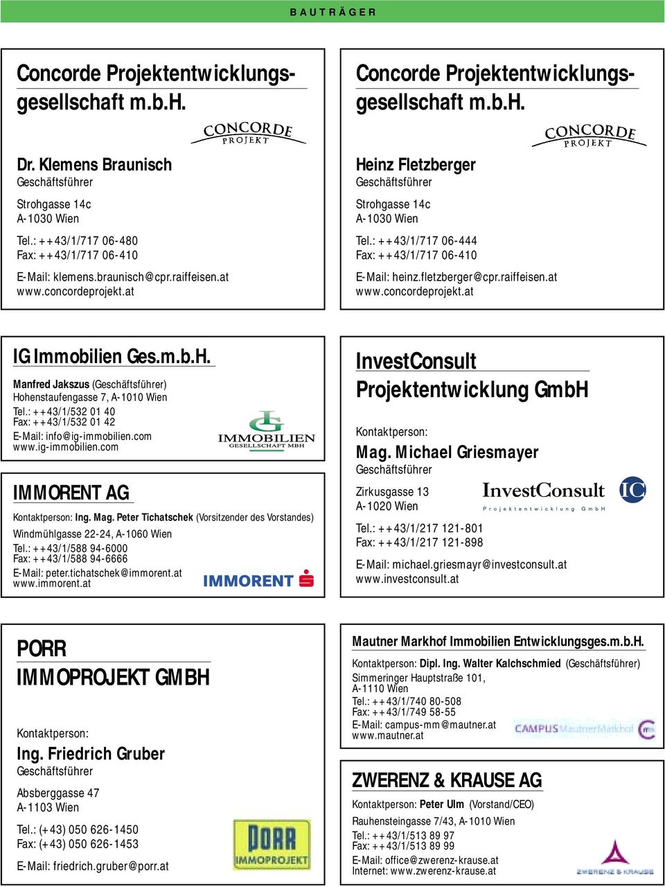 : ++43/1/717 06-444 Fax: ++43/1/717 06-410 E-Mail: heinz.fletzberger@cpr.raiffeisen.at www.concordeprojekt.at IG Immobilien Ges.m.b.H. Manfred Jakszus () Hohenstaufengasse 7, Tel.