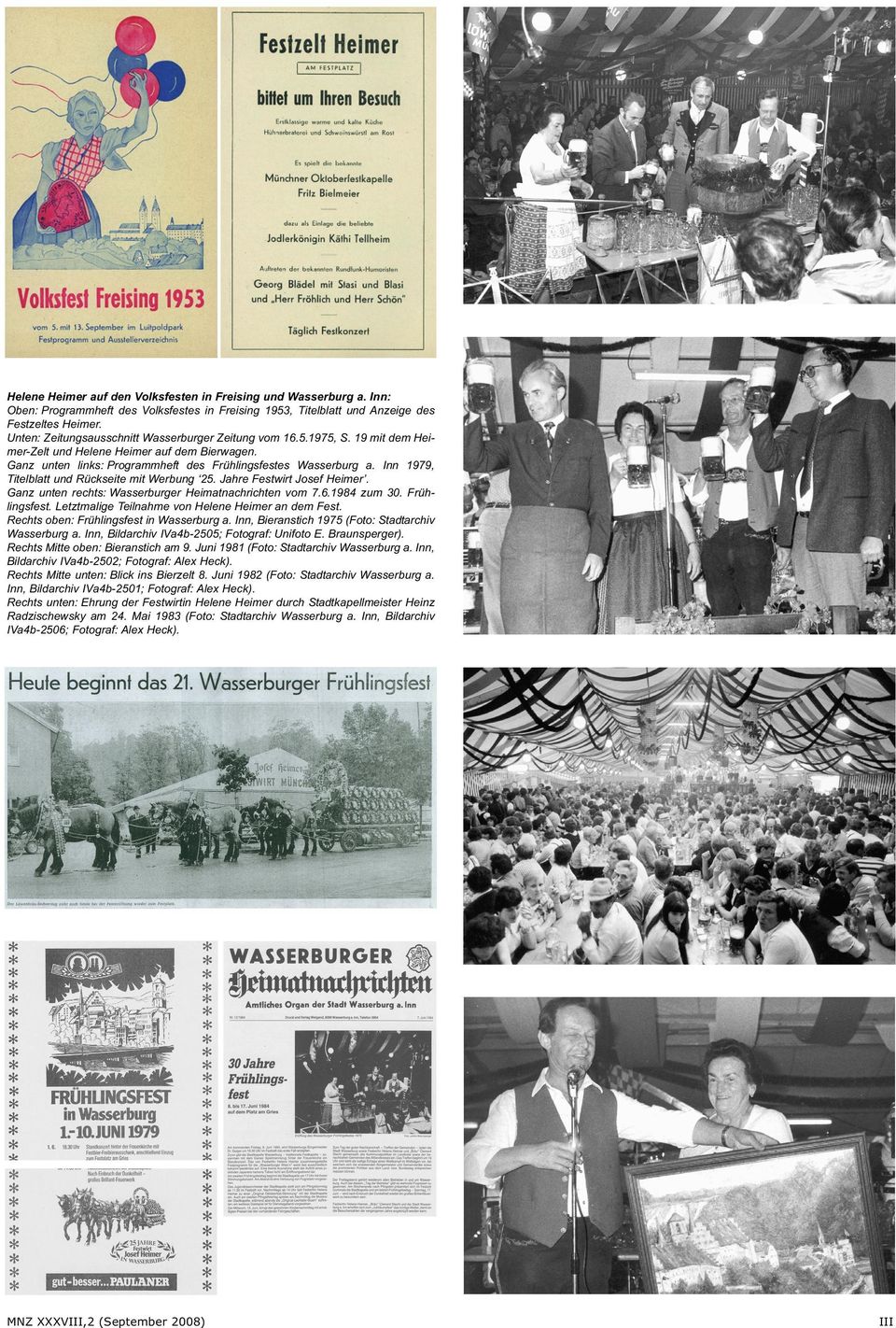 Inn 1979, Titelblatt und Rückseite mit Werbung 25. Jahre Festwirt Josef Heimer. Ganz unten rechts: Wasserburger Heimatnachrichten vom 7.6.1984 zum 30. Frühlingsfest.