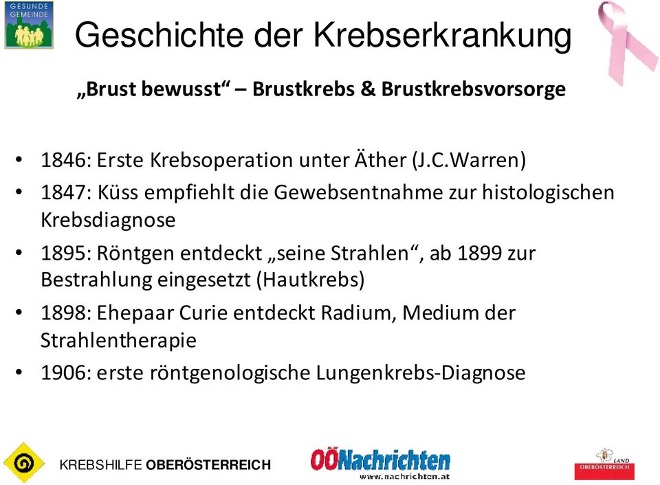 Warren) 1847: Küss empfiehlt die Gewebsentnahme zur histologischen Krebsdiagnose 1895: Röntgen