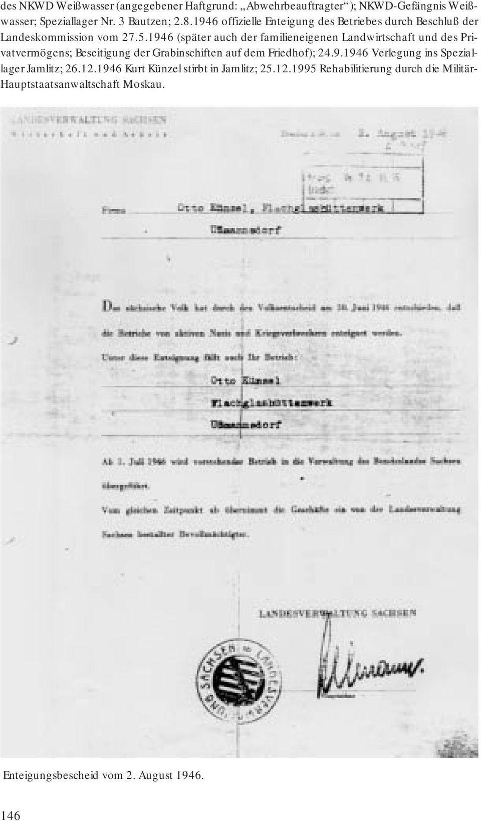 1946 (später auch der familieneigenen Landwirtschaft und des Privatvermögens; Beseitigung der Grabinschiften auf dem Friedhof); 24.9.1946 Verlegung ins Speziallager Jamlitz; 26.