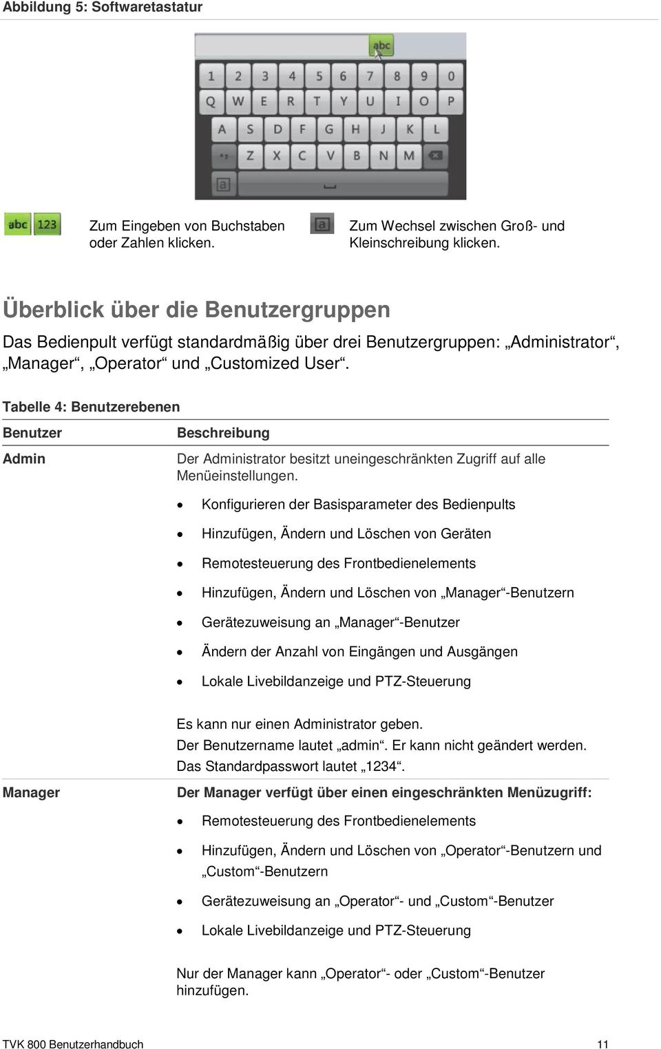 Tabelle 4: Benutzerebenen Benutzer Admin Beschreibung Der Administrator besitzt uneingeschränkten Zugriff auf alle Menüeinstellungen.