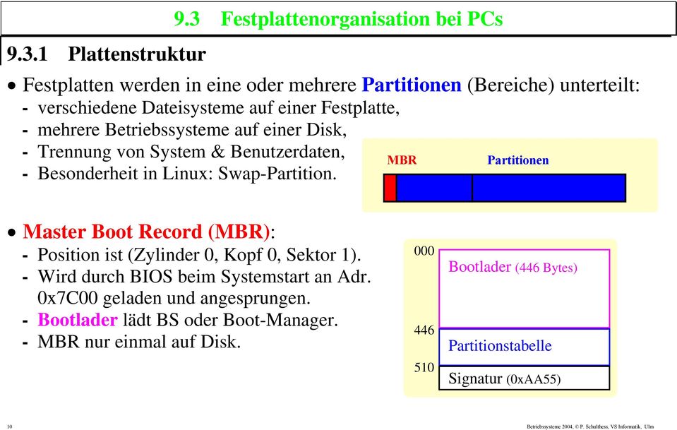 mehrere Betriebssysteme auf einer Disk, - Trennung von System & Benutzerdaten, MBR - Besonderheit in Linux: Swap-Partition.