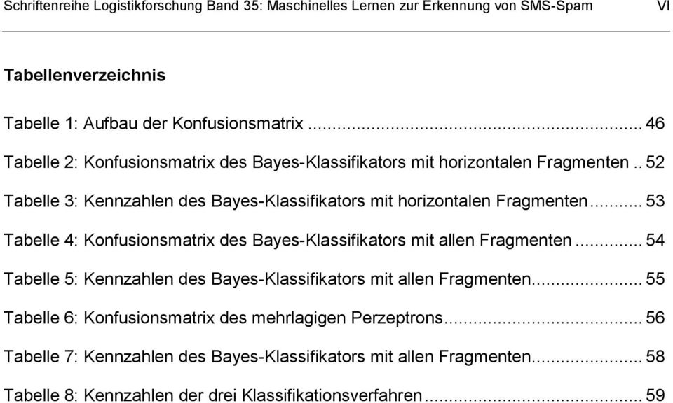 .. 53 Tabelle 4: Konfusionsmatrix des Bayes-Klassifikators mit allen Fragmenten... 54 Tabelle 5: Kennzahlen des Bayes-Klassifikators mit allen Fragmenten.