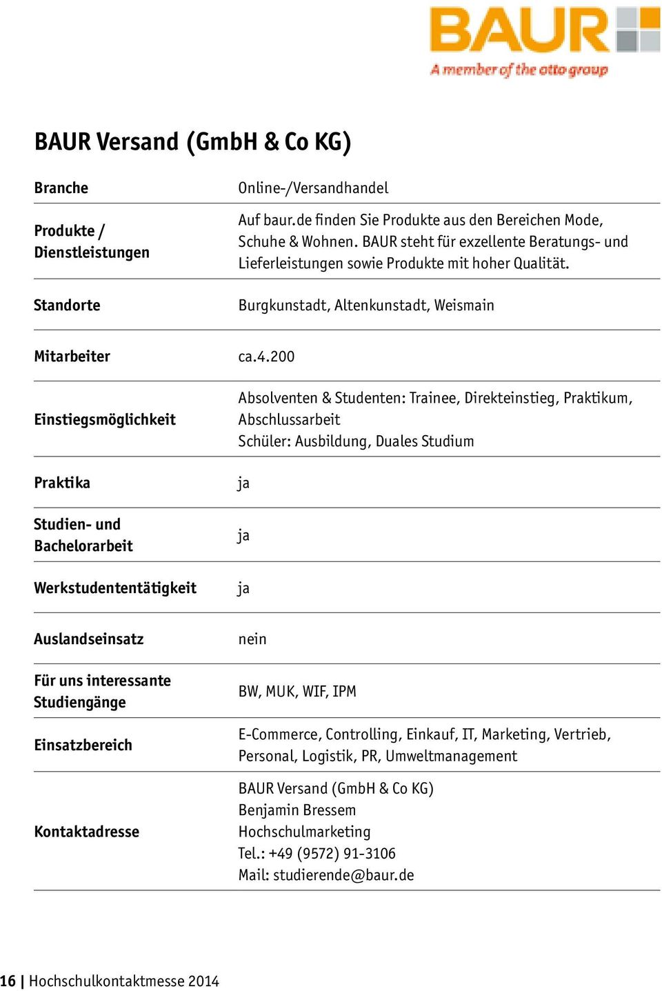 Burgkunstadt, Altenkunstadt, Weismain Mitarbeiter Einstiegsmöglichkeit Praktika Studien- und Bachelorarbeit Werkstudententätigkeit ca.4.