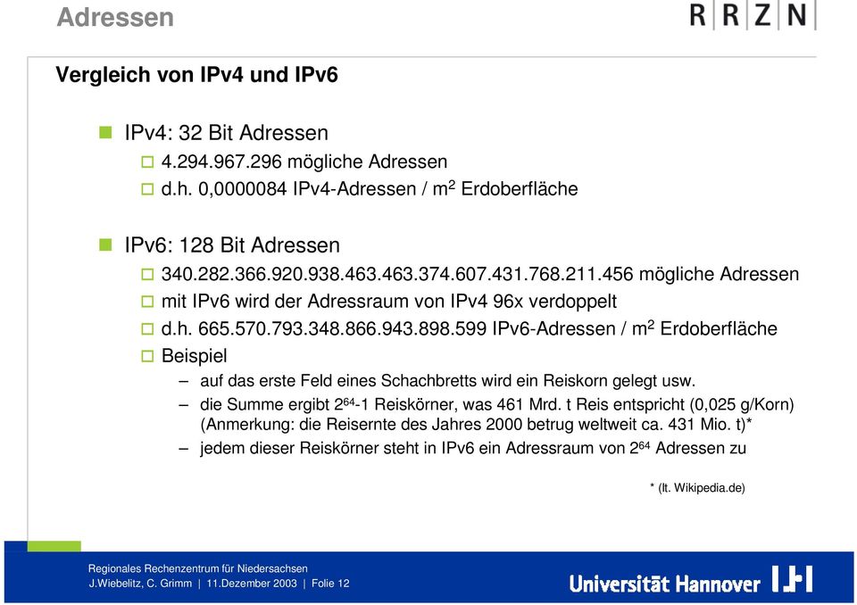 599 IPv6-Adressen / m 2 Erdoberfläche Beispiel auf das erste Feld eines Schachbretts wird ein Reiskorn gelegt usw. die Summe ergibt 2 64-1 Reiskörner, was 461 Mrd.