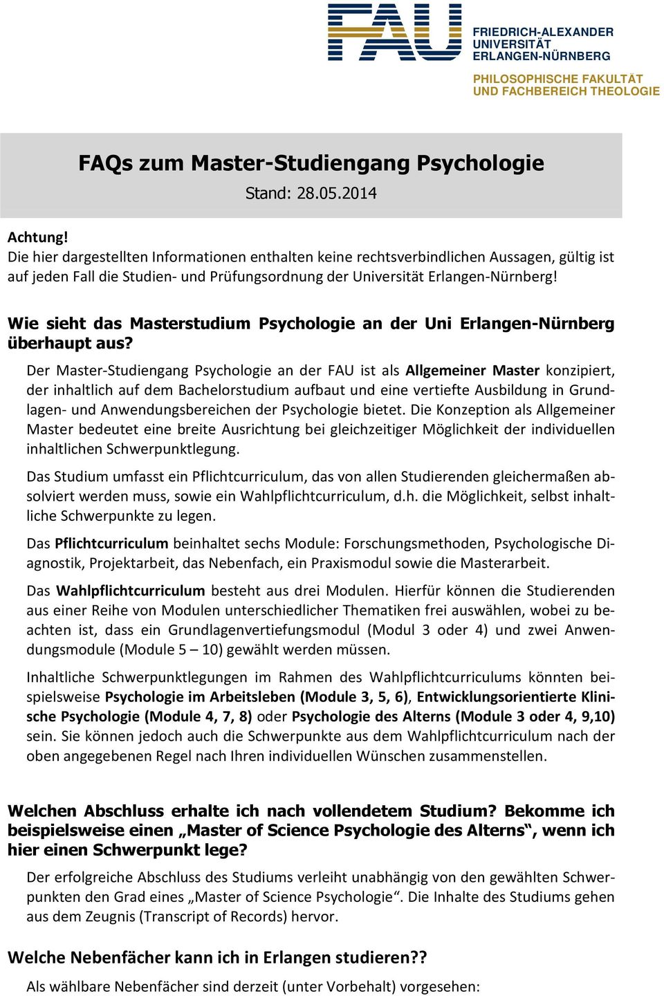 Wie sieht das Masterstudium Psychologie an der Uni Erlangen-Nürnberg überhaupt aus?