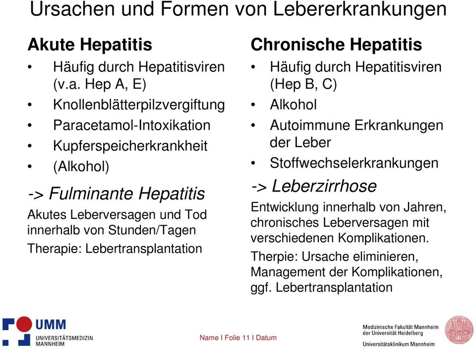 Hepatitis Häufig durch Hepatitisviren (Hep B, C) Alkohol Autoimmune Erkrankungen der Leber Stoffwechselerkrankungen -> Leberzirrhose Entwicklung innerhalb von