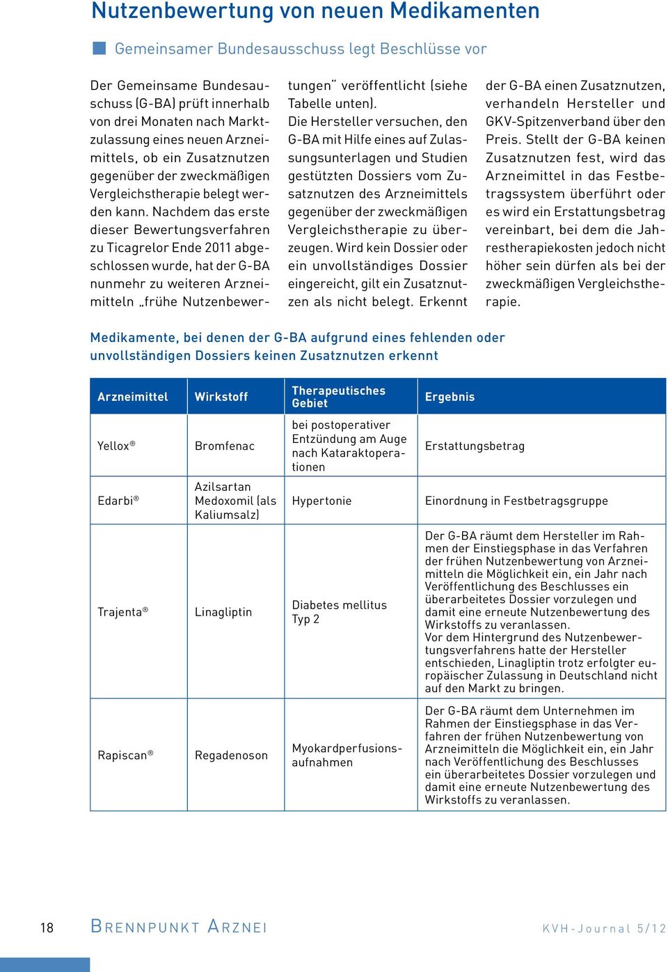Nachdem das erste dieser Bewertungsverfahren zu Ticagrelor Ende 2011 abgeschlossen wurde, hat der G-BA nunmehr zu weiteren Arzneimitteln frühe Nutzenbewertungen veröffentlicht (siehe Tabelle unten).